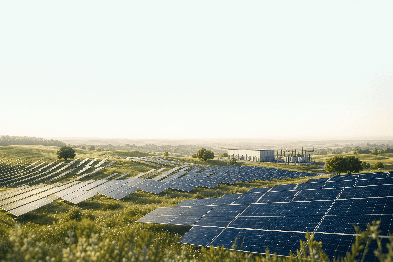 Illustrative commercial-scale ground-mounted solar array in rolling green terrain