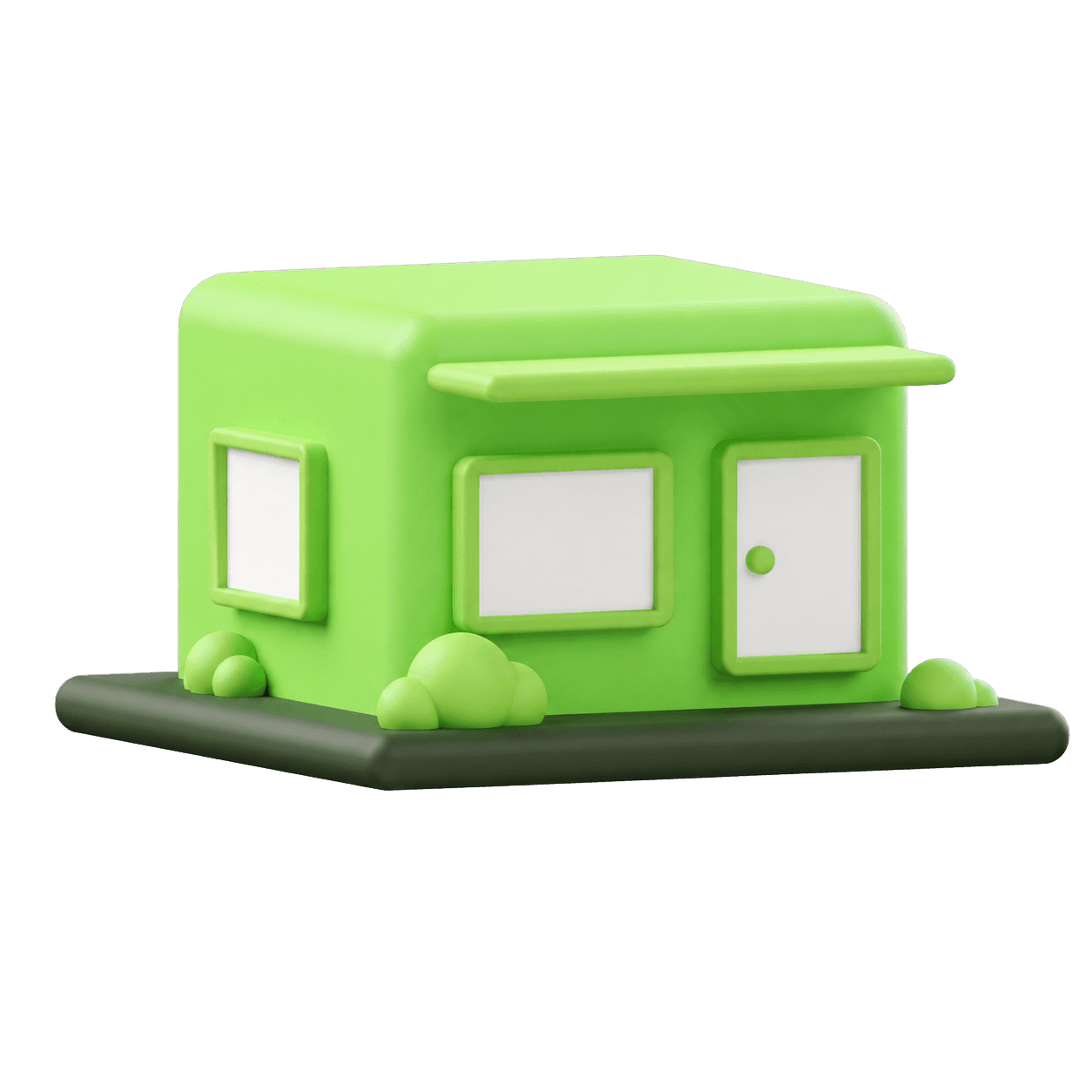 Whimsical isolated 3D illustration of a bright green business building