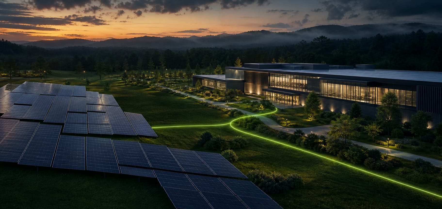 Illustrative solar arrays connected to a modern commercial facility at sunset