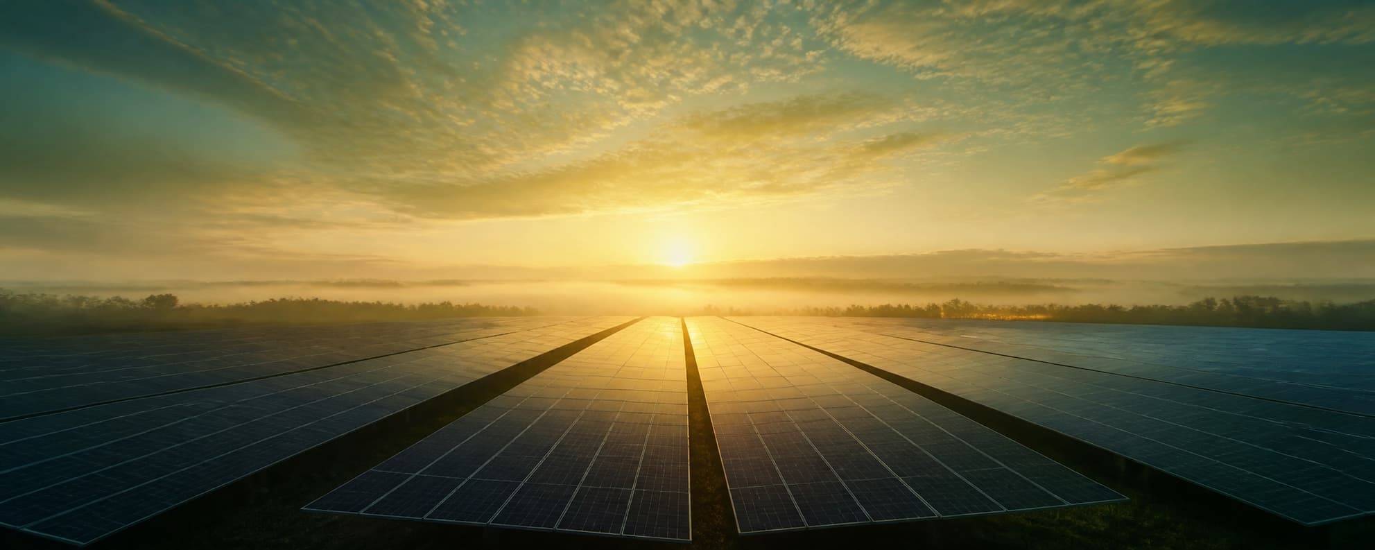Solar panels extending toward a luminous, peaceful horizon at dawn